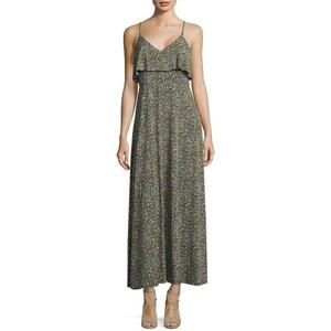 Michael Kors Green Quinn Floral Printed Flounce Spaghetti Strap Maxi Dress Sz S